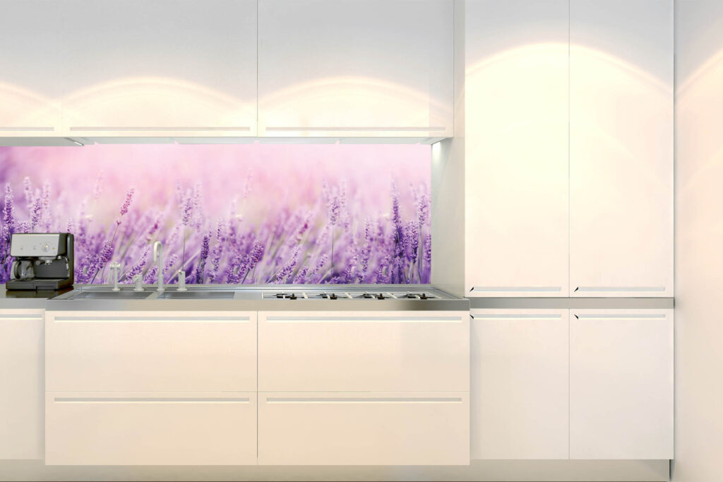 Küchenrückwand Folie Lavendelfeld Lila Violett Blumen Natur Bokeh