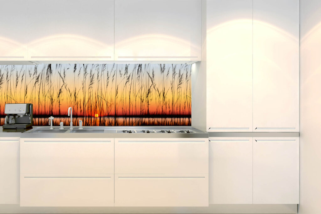 Küchenrückwand Folie Sonnenuntergang Schilf See Natur Orange Rot