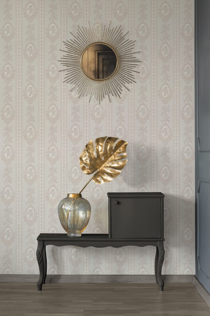 Tapeten Klassisch Barock Streifen Medaillon Creme Beige