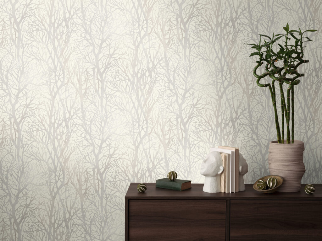 Tapeten Wald Äste Muster Hellgrau Creme Natur Modern