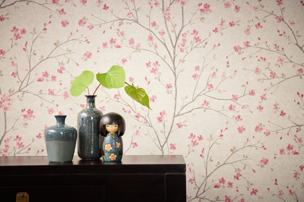 Tapeten Kirschblüten Rosa Beige Japanisch Floral Ast