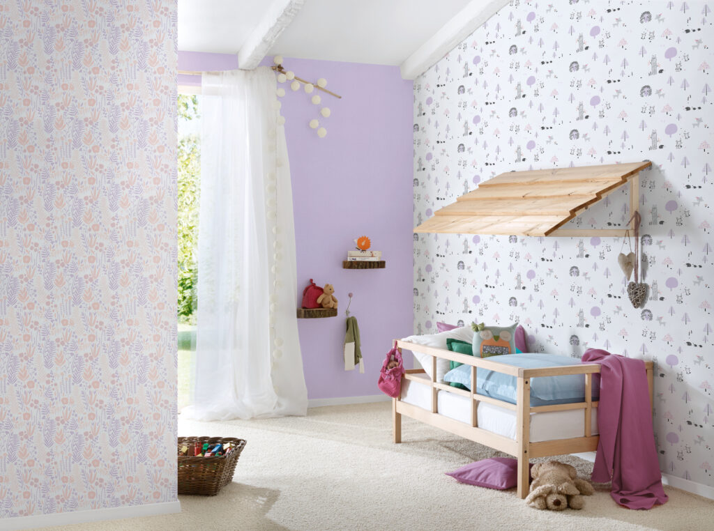 Tapeten Kinderzimmer Waldtiere Weiss Lila Rosa Muster