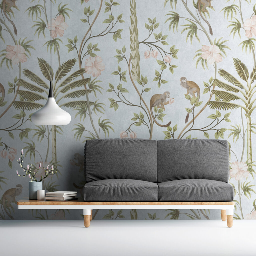 Tapeten Dschungel Affen Palmen Blumen Hellblau Vintage