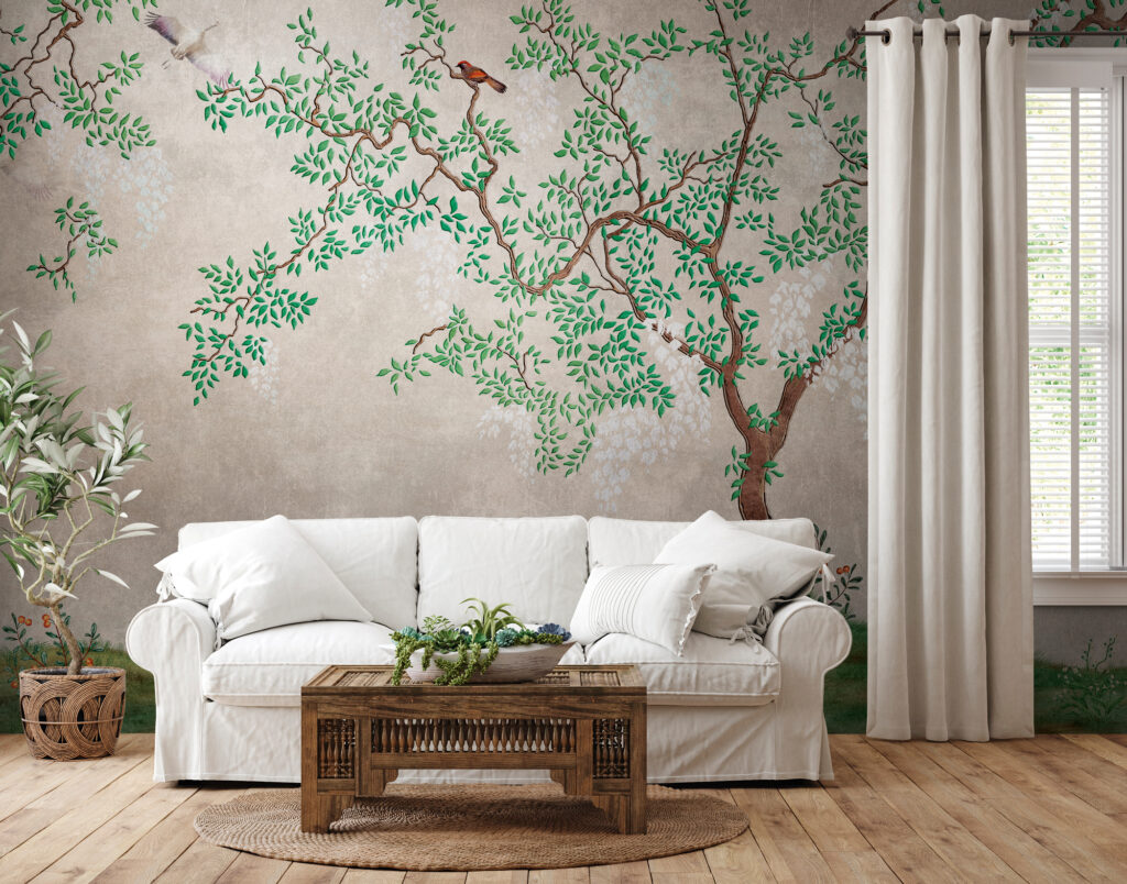Tapeten Chinoiserie Baum Vögel Grün Beige Wandbild Natur