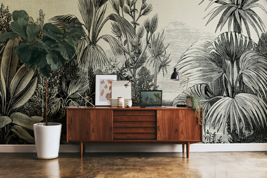 Tapeten Schwarz-Weiss Dschungel Botanical Illustration Mural
