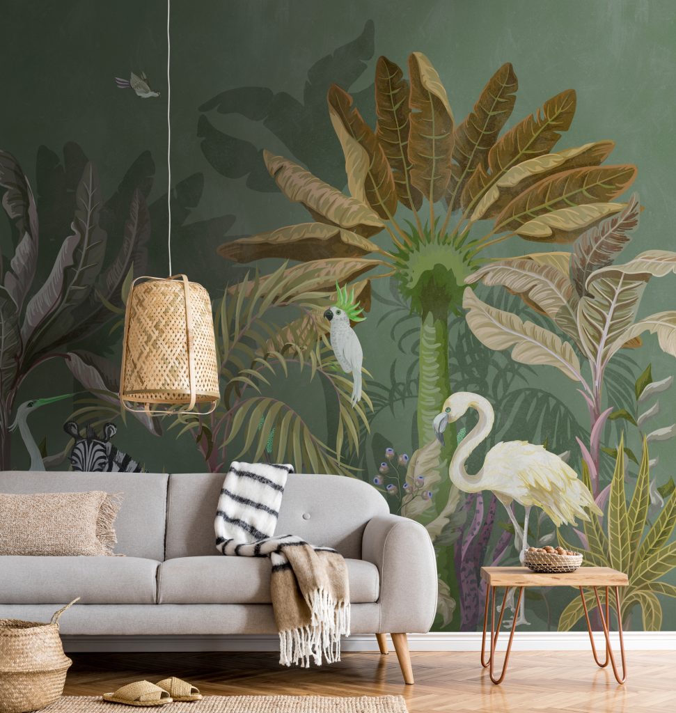 Tapeten Dschungel Flamingo Kakadu Grün Tropisch Wandbild