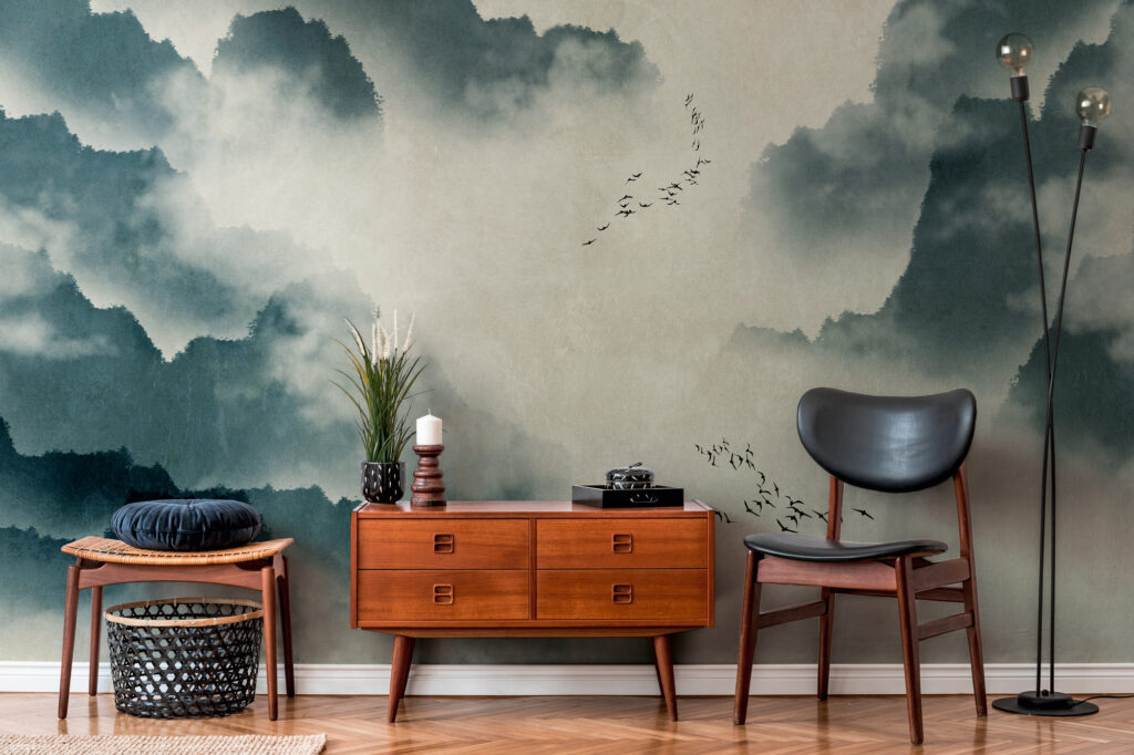 Tapeten Nebel Berge Vögel Aquarell Blaugrün Natur Mural