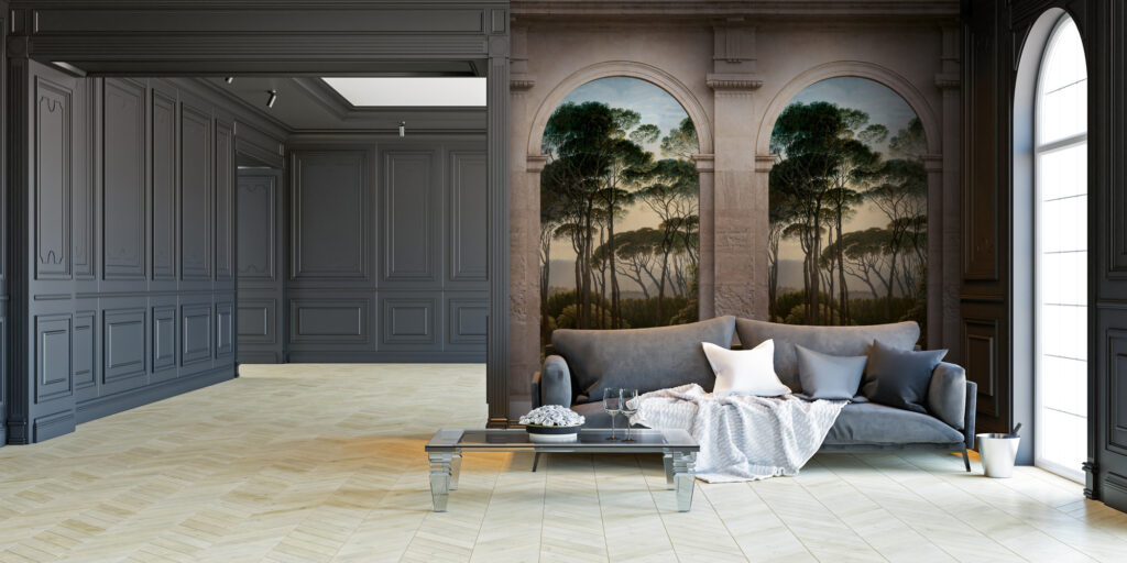 Tapeten Klassische Arkaden Bäume Vintage Landschaft Beige