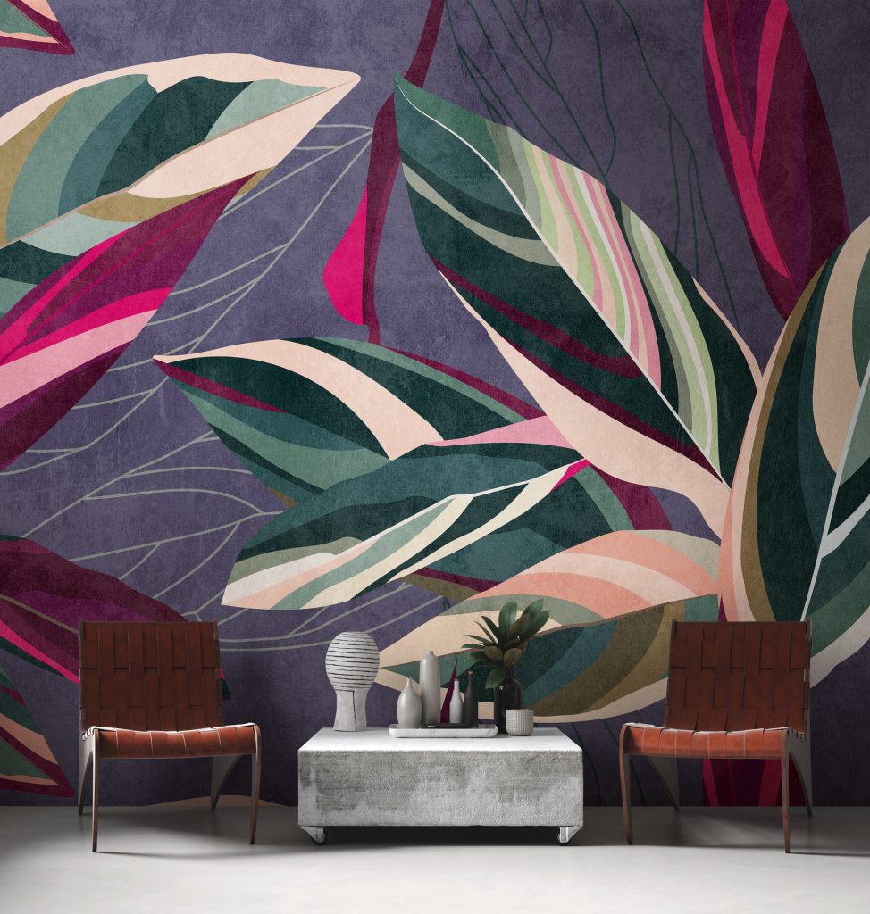 Tapeten Tropische Blätter Pink Grün Lila Botanisch Mural