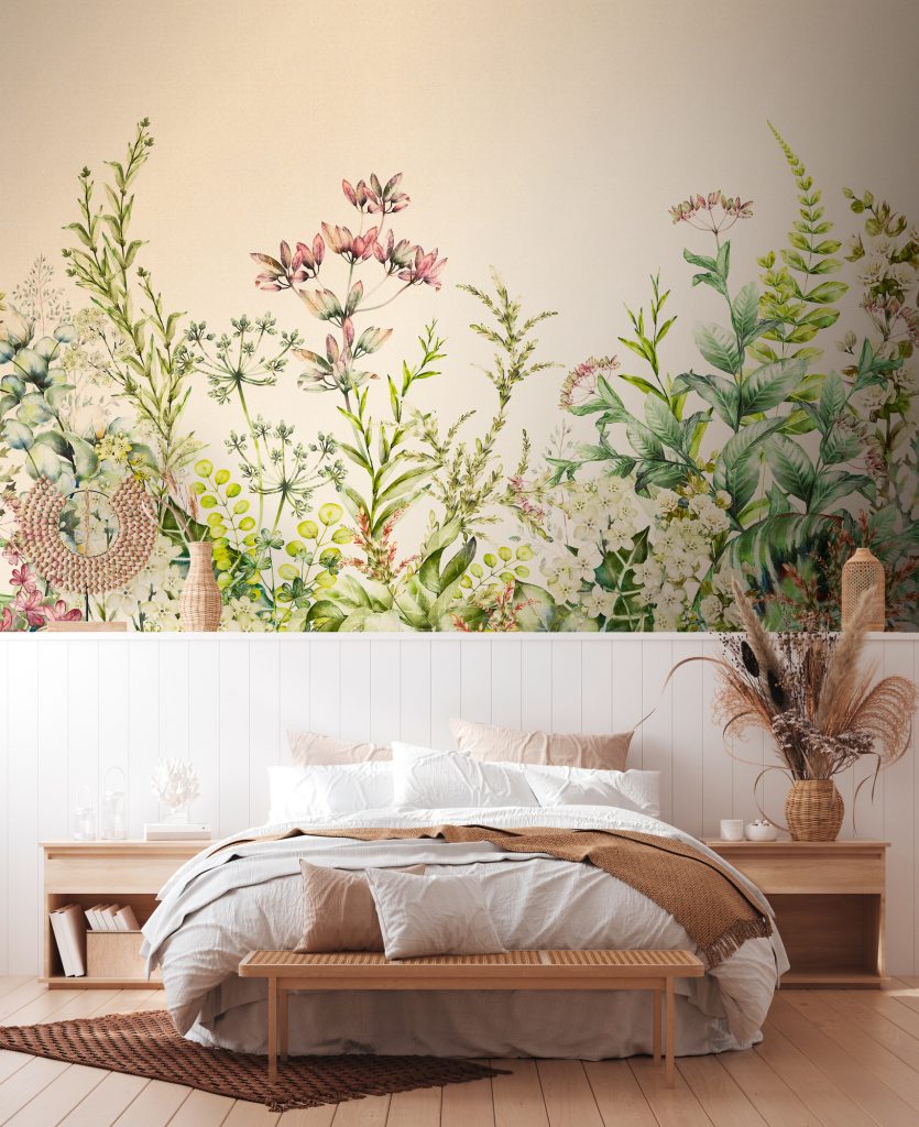 Tapeten Aquarell Wildblumen Wiese Grün Beige Wandbild