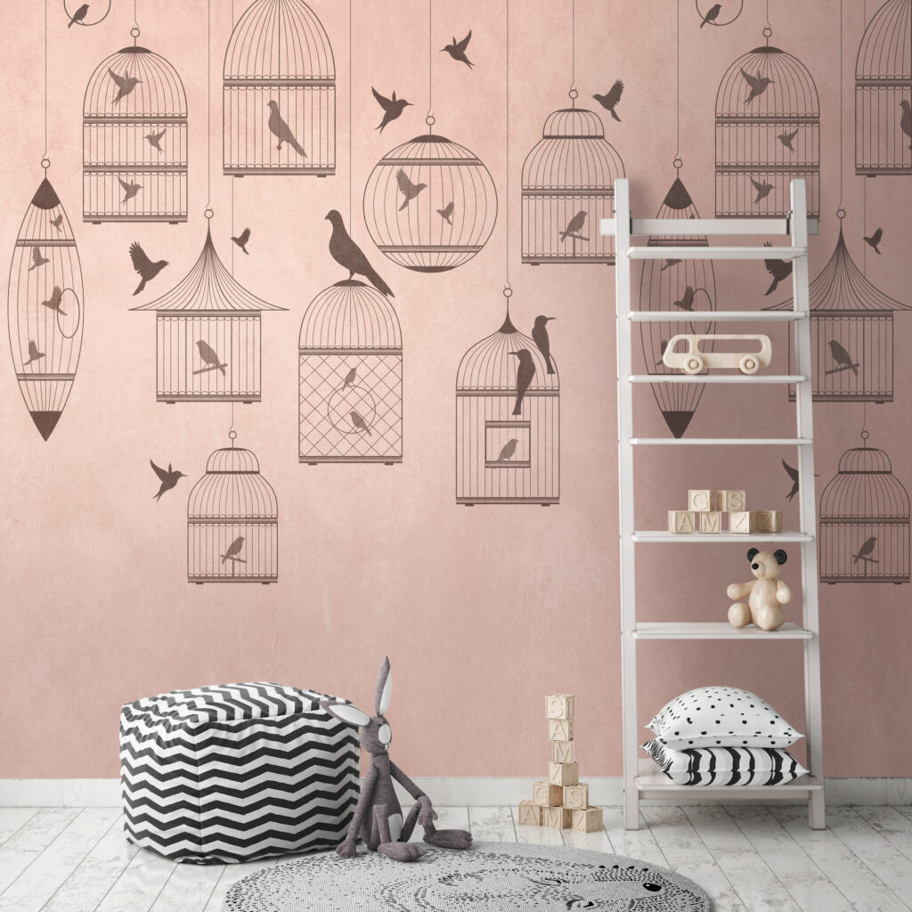 Tapeten Rosa Vintage Vogelkäfig Muster Kinderzimmer