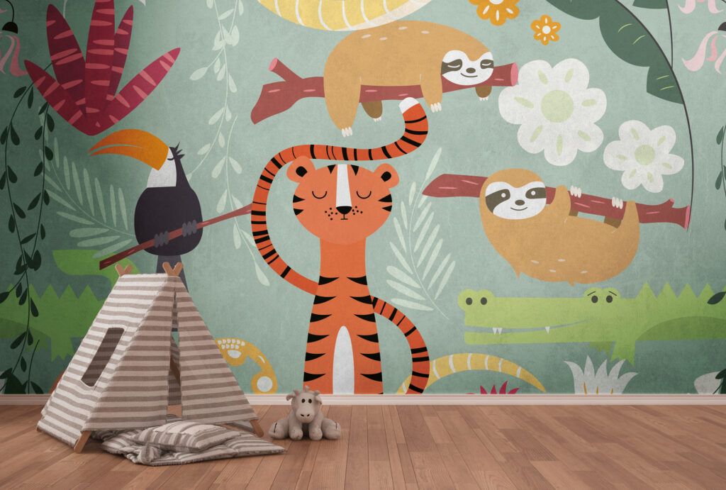 Tapeten Kinderzimmer Dschungel Tiger Faultier Tukan Krokodil