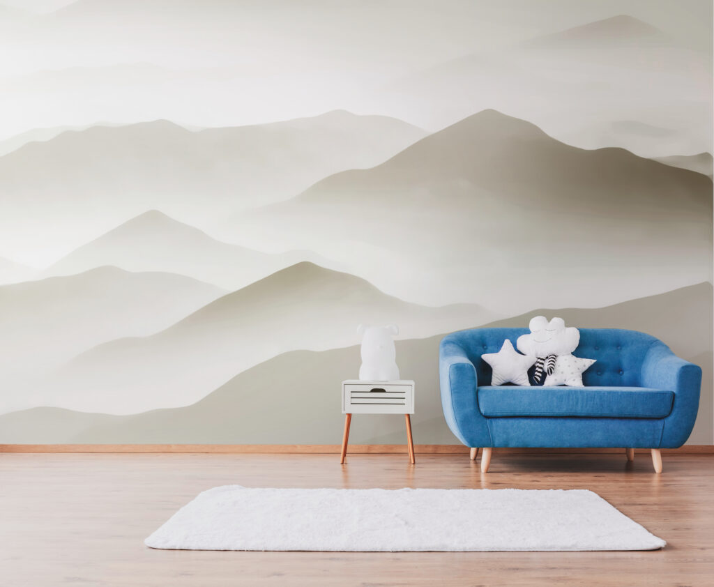 Tapeten Nebel Berge Panorama Grün Beige Wandbild Natur