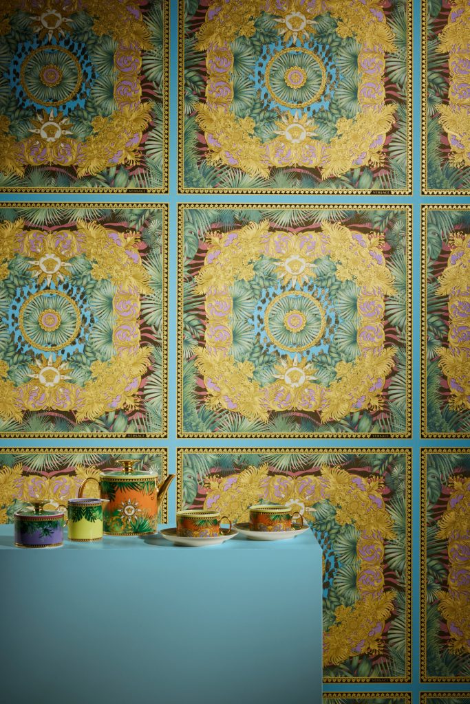 Tapeten Versace Barock Tropical Gold Türkis Luxus Muster