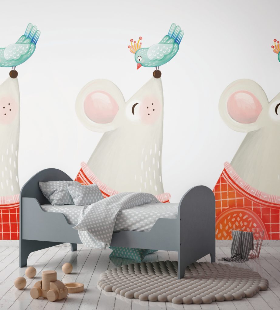 Tapeten Kinderzimmer Maus & Vogel Illustration Pastell