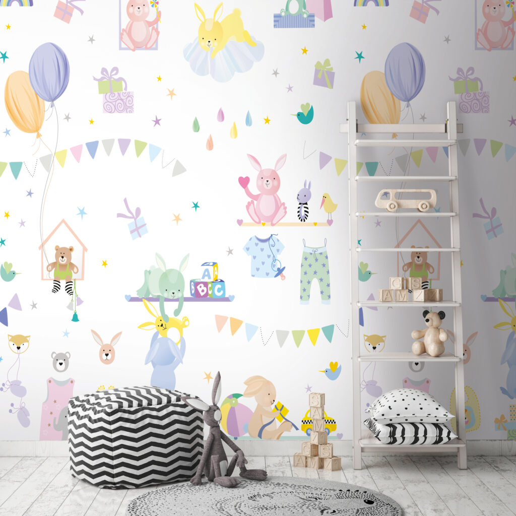Tapeten Kinderzimmer Tiere Hasen Ballons Pastell Babyzimmer