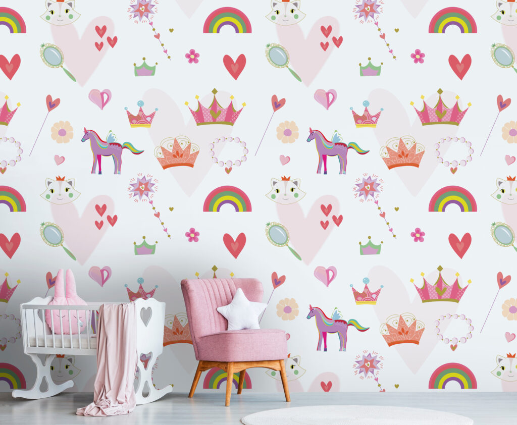 Tapeten Kinderzimmer Prinzessin Einhorn Krone Herz Rosa Muster