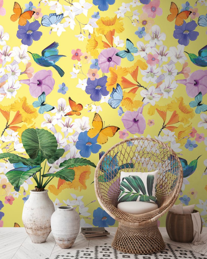 Tapeten Blumen Schmetterlinge Kolibri Gelb Bunt Tropical