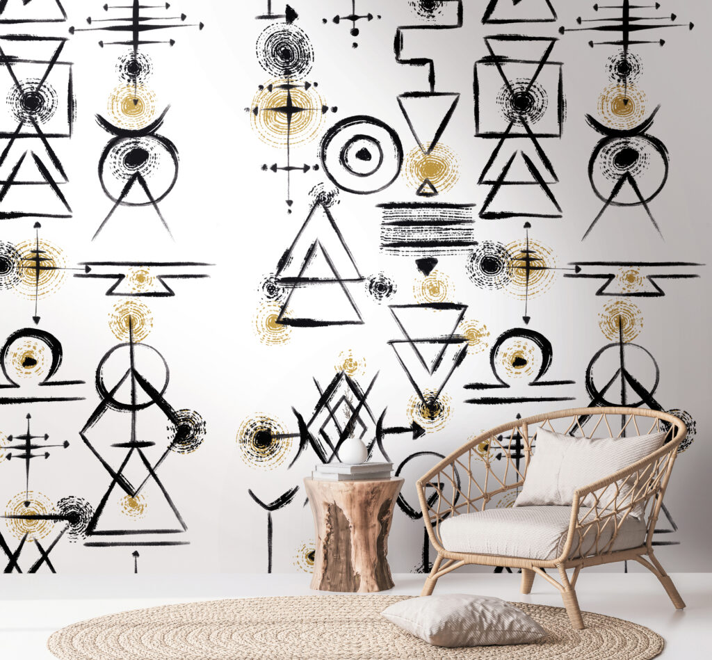 Tapeten Boho Symbole Schwarz Gold Geometrisch Abstrakt
