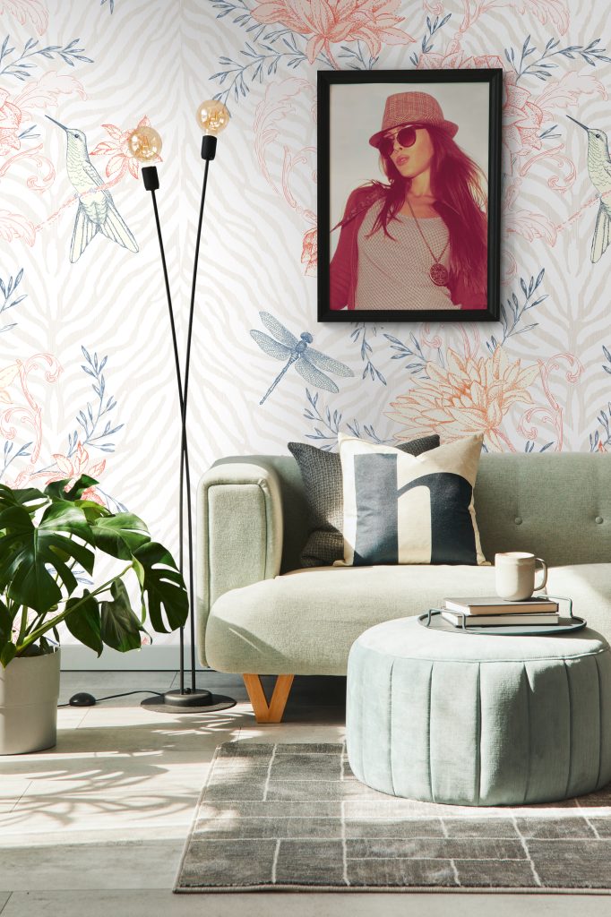 Tapeten Kolibri Libelle Blumen Zebra Muster Bunt Weiss