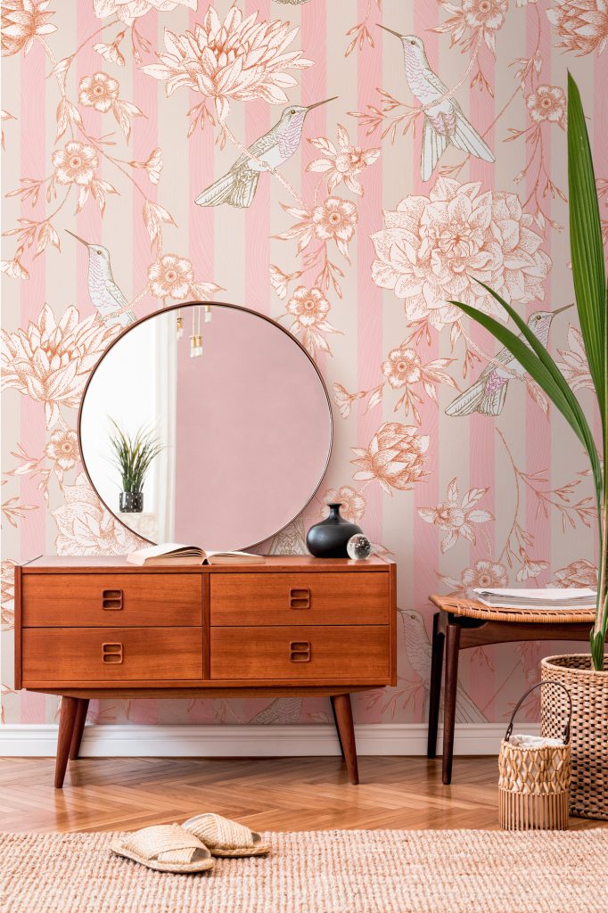 Tapeten Rosa Streifen Kolibri Blumen Muster Vintage