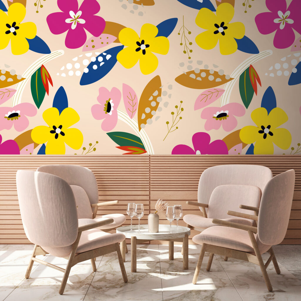 Tapeten Bunte Blumen Muster Gelb Pink Beige Modern Floral