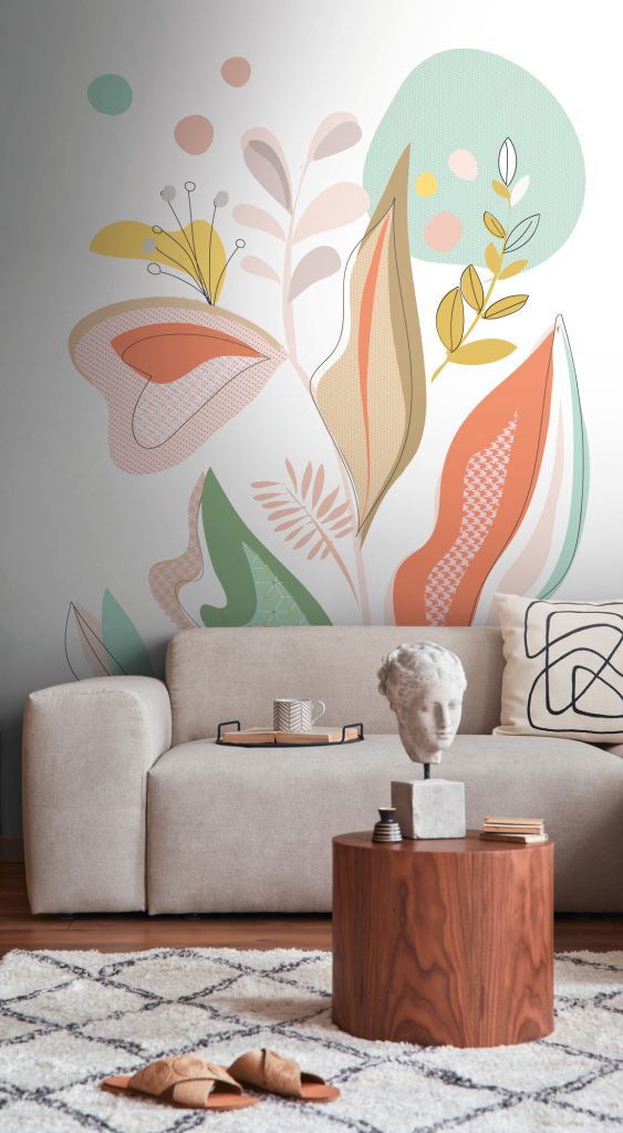 Tapeten Pastellfarbene Botanik Blätter Modern Abstract Wandbild