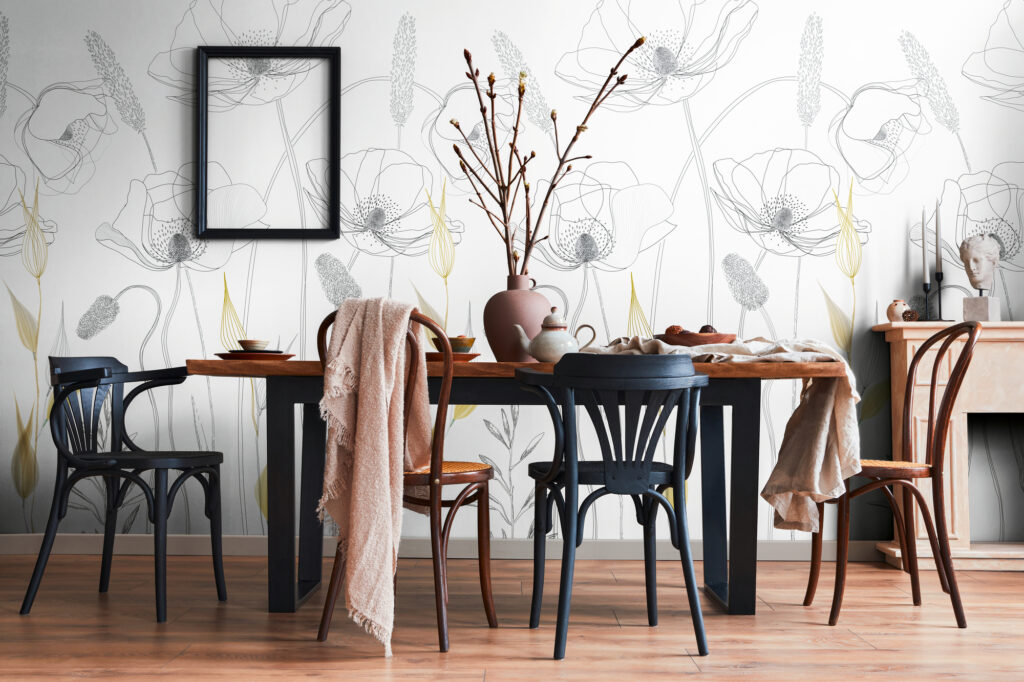 Tapeten Mohnblumen Line Art Weiss Gelb Botanisch Wandbild