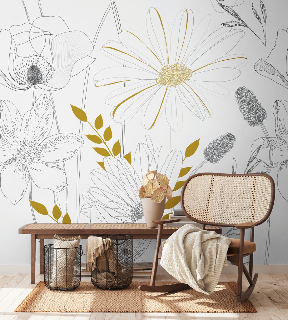 Tapeten Wildblumen Line Art Weiss Gold Botanisch Wandbild