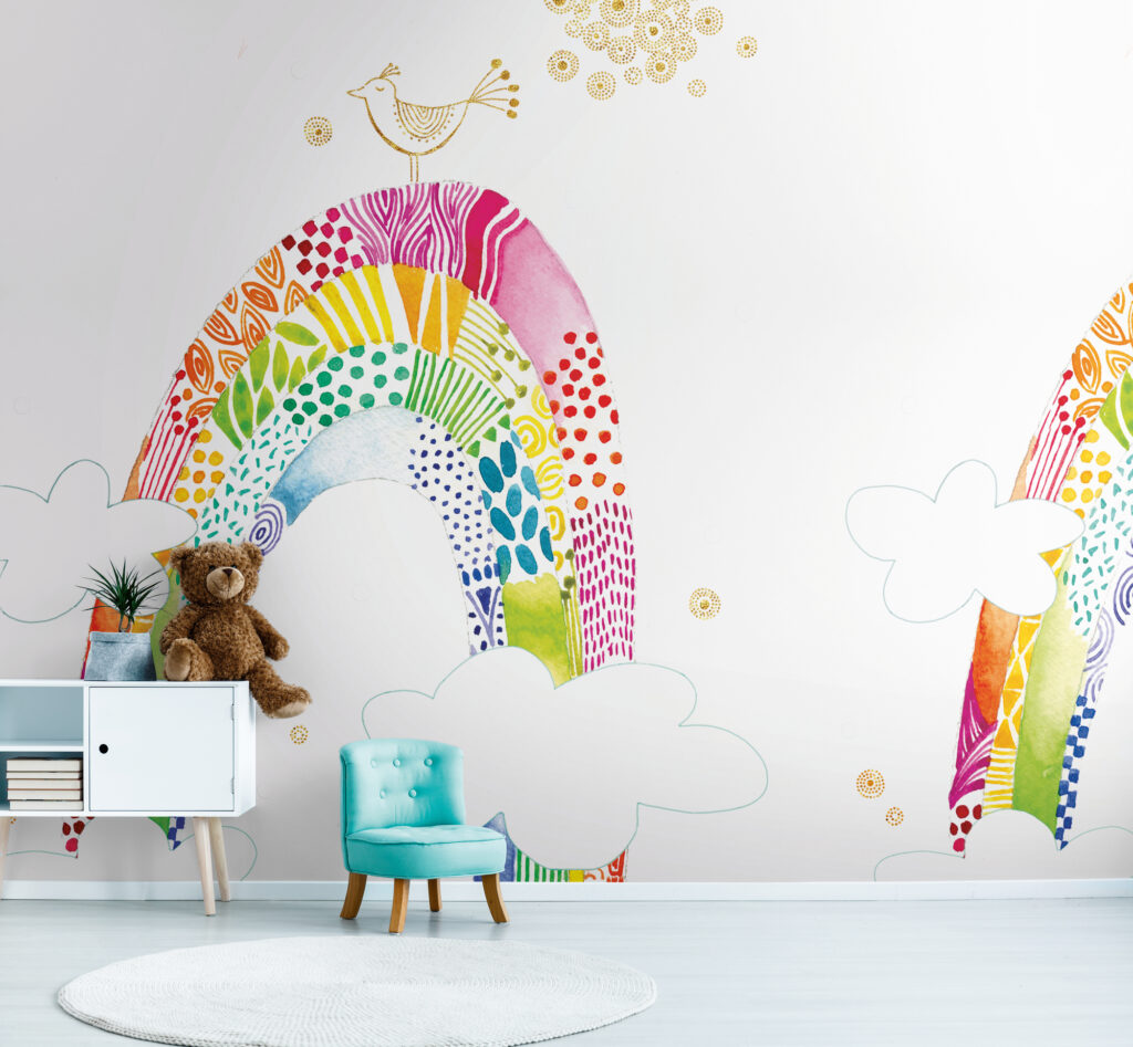 Tapeten Kinderzimmer Regenbogen Vogel Aquarell bunt