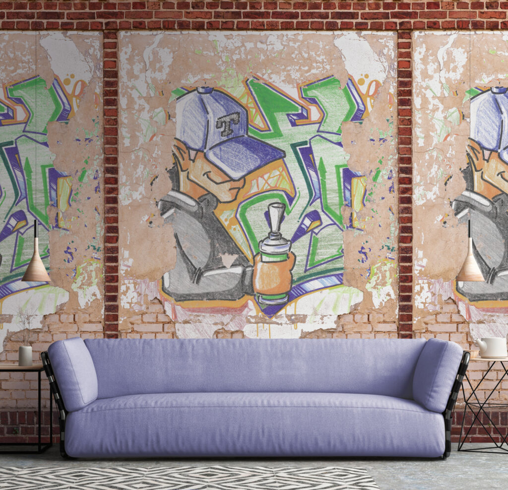 Tapeten Graffiti Sprayer Urban Street Art Vintage Backstein