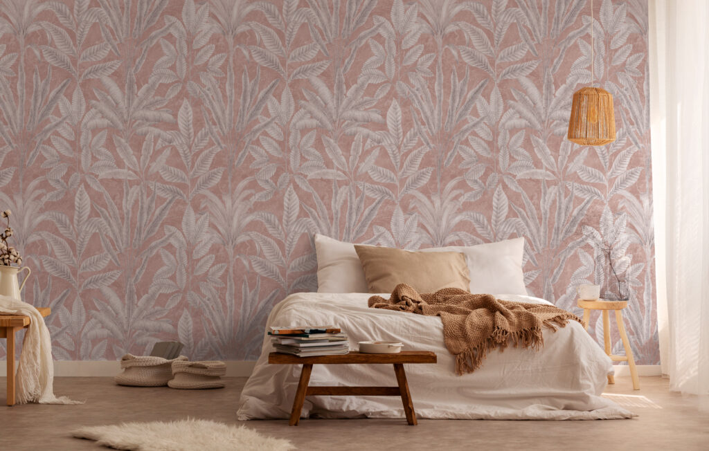 Tapeten Tropische Blätter Rosa Grau Boho Vintage Muster