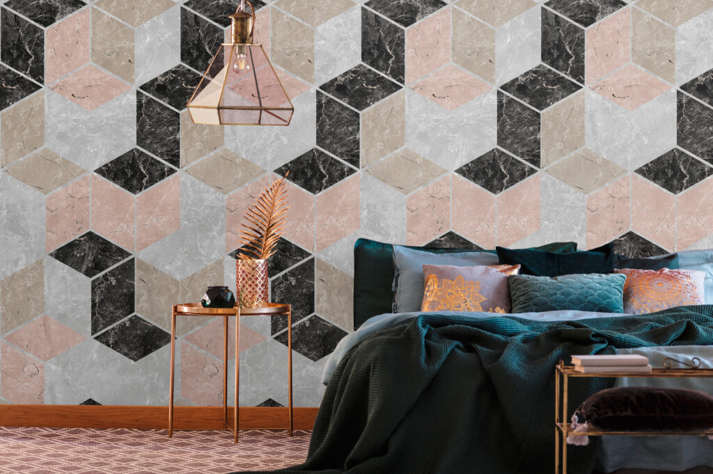 Tapeten Geometrisch Marmor Würfel Rosa Grau Schwarz Modern