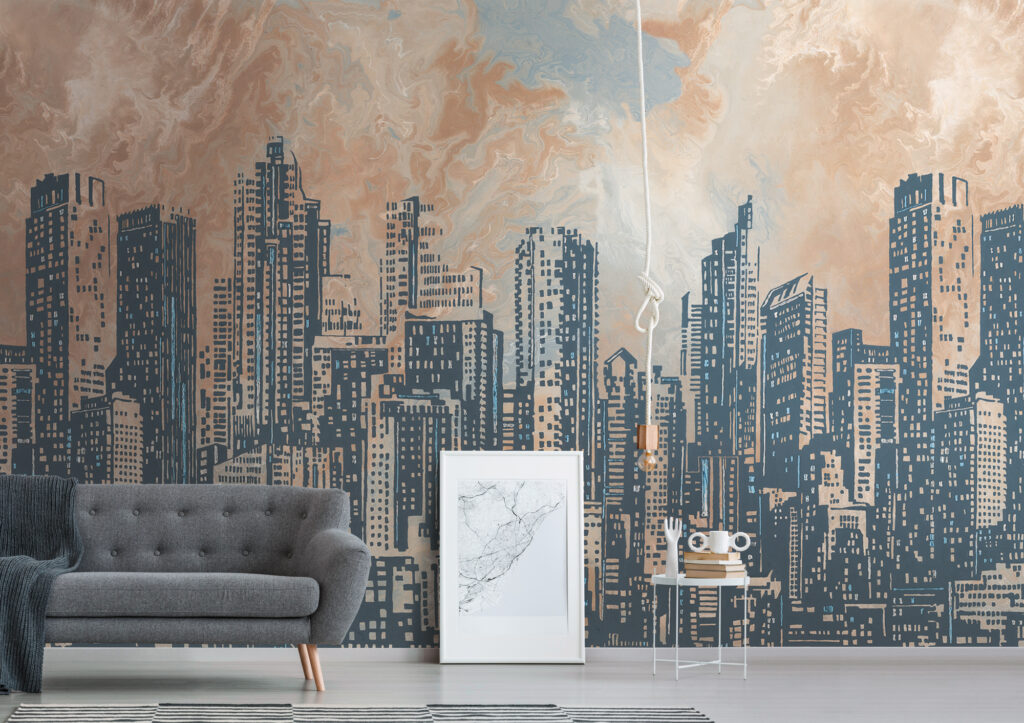 Tapeten Stadtsilhouette Skyline Marmor Beige Blau Wandbild