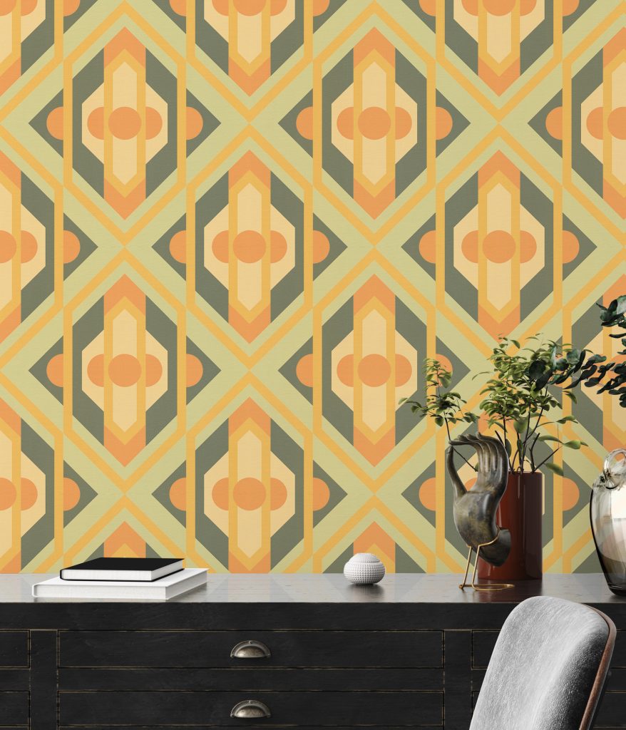 Tapeten Retro Geometrisch Rauten Orange Grün Gelb 70er