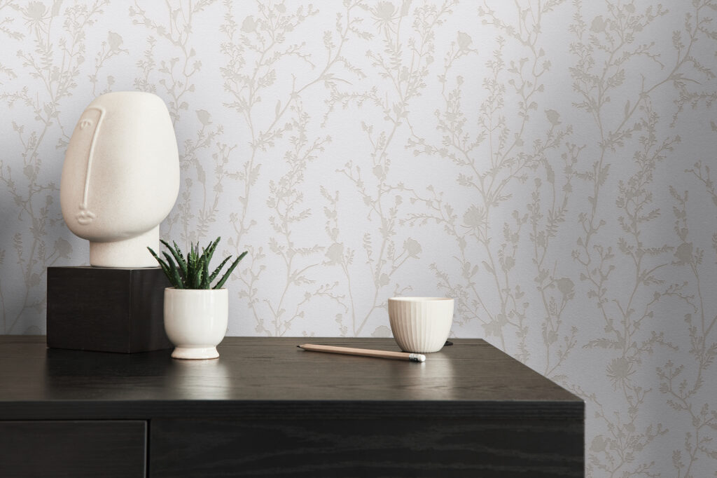 Tapeten Zweige Blumen Silhouette Beige Weiss Elegant