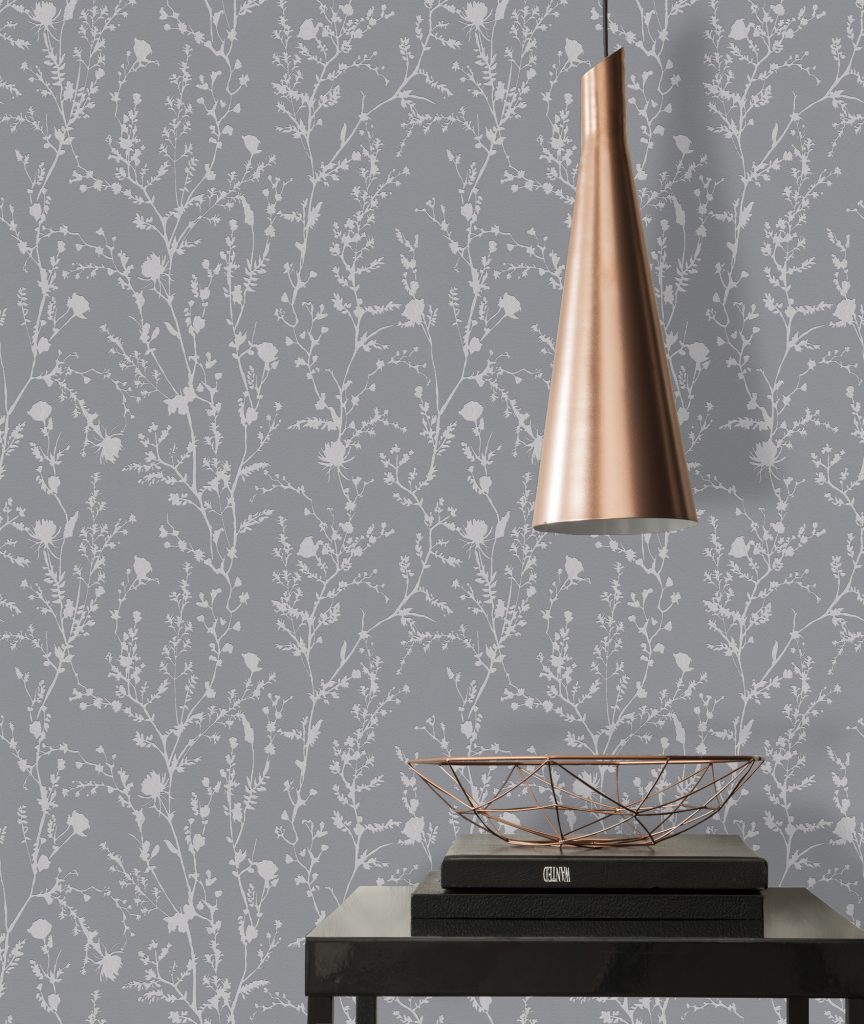 Tapeten Grau Weiss Wildblumen Silhouette Floral Modern