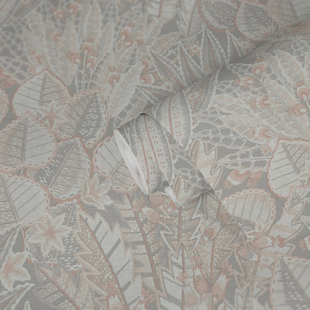 Tapeten Tropische Blätter Grau Rosa Boho Floral Muster
