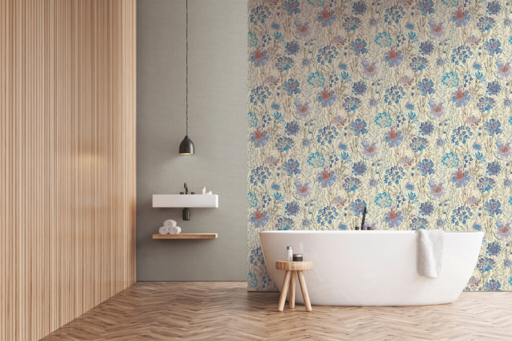 Tapeten Blumen Beige Blau Lila Wildblumen Boho Muster