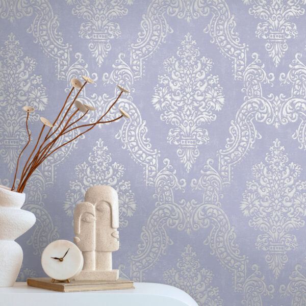 Tapeten Barock Ornament Lavendel Weiss Damast Muster Elegant