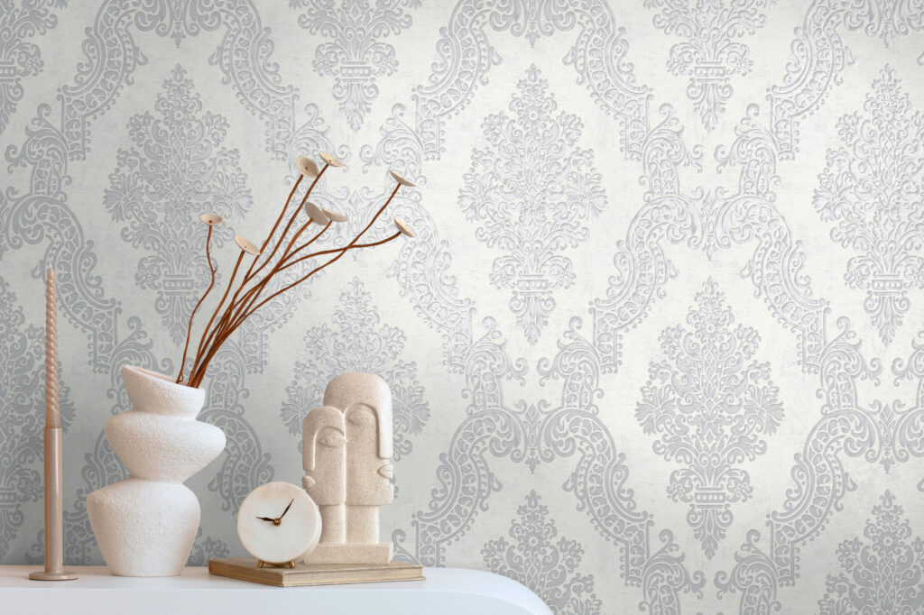Tapeten Klassisches Barock Damast Muster Grau Weiss Elegant