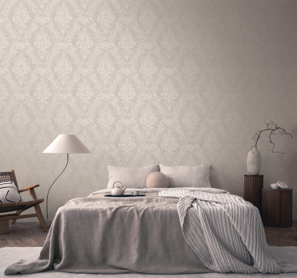 Tapeten Elegantes Ornament Damast Muster Beige Grau Klassisch