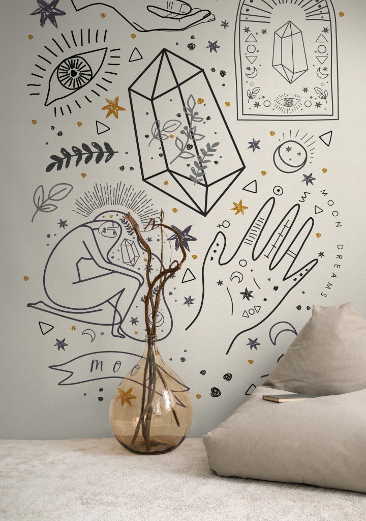 Tapeten Mystisch Boho Moon Dreams Kristalle Linie Art hell