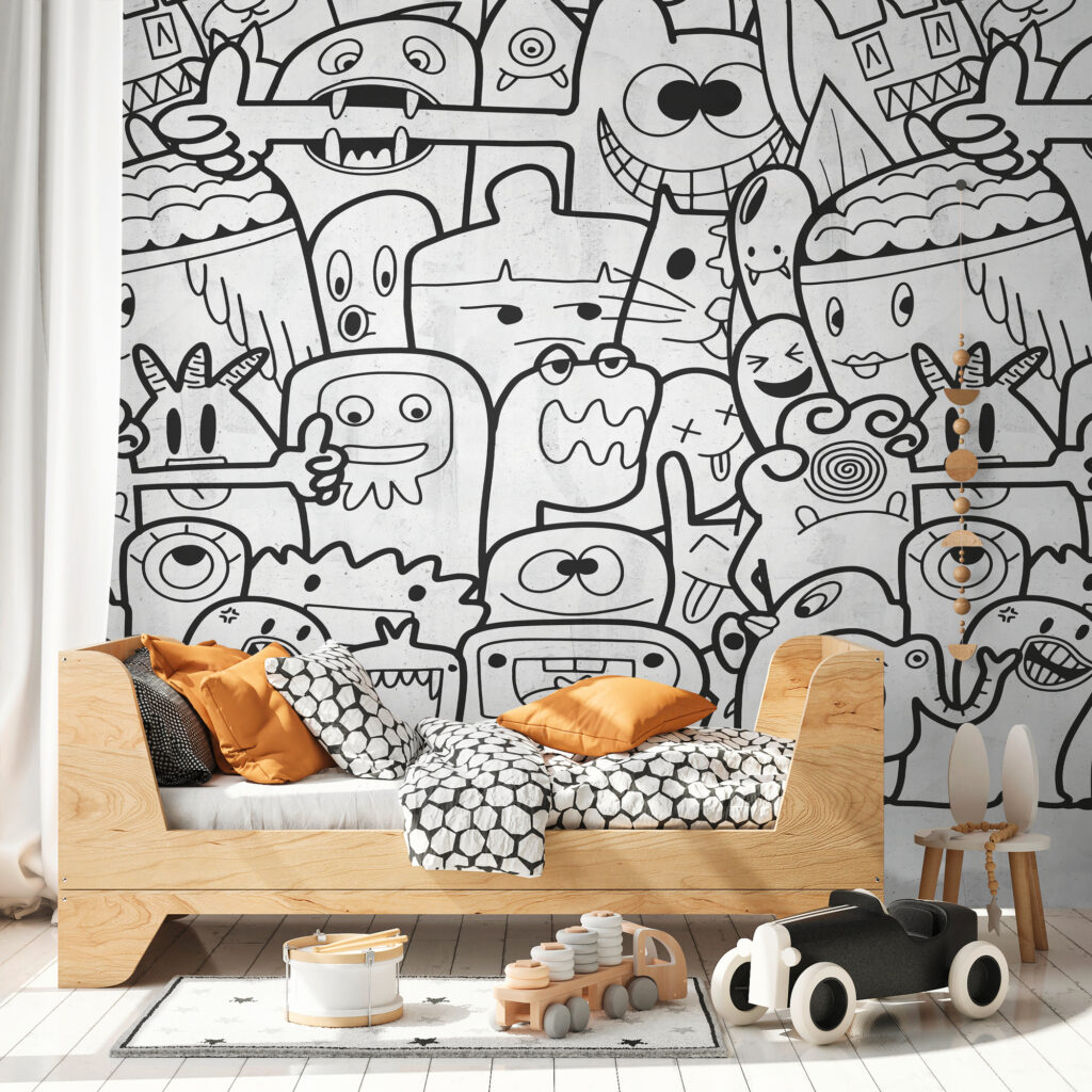 Tapeten Schwarz-Weiss Monster Doodle Kinderzimmer