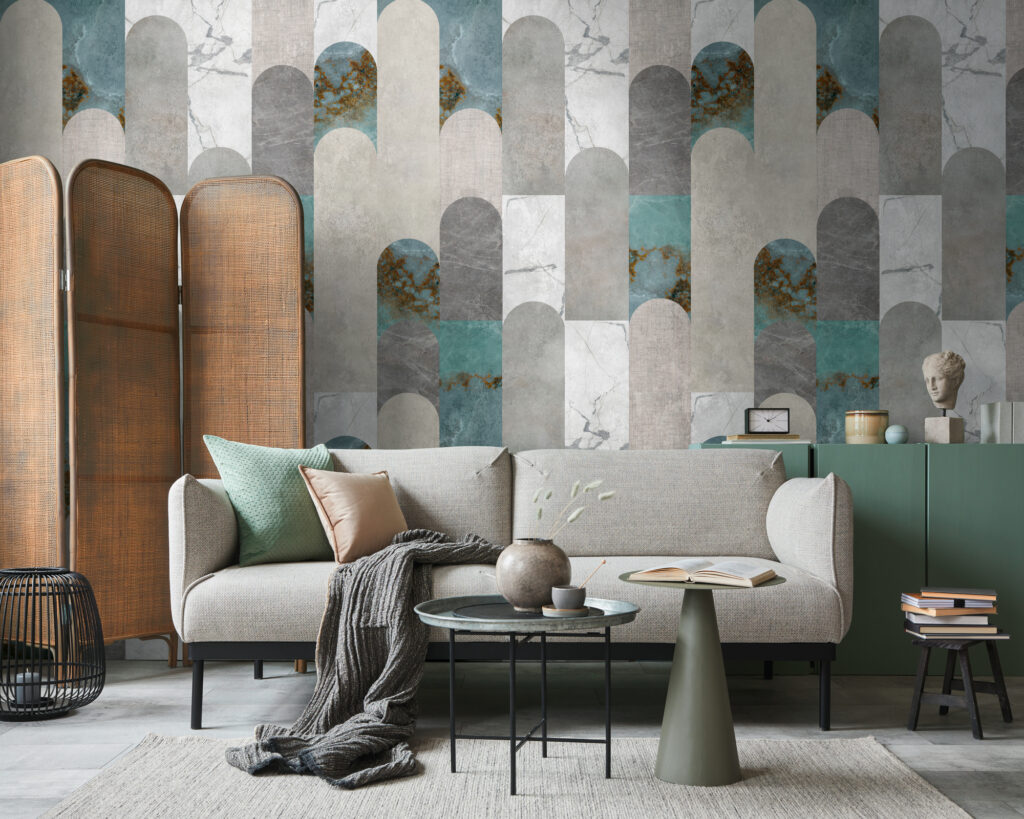 Tapeten Geometrische Bögen Marmor Grau Türkis Art Deco