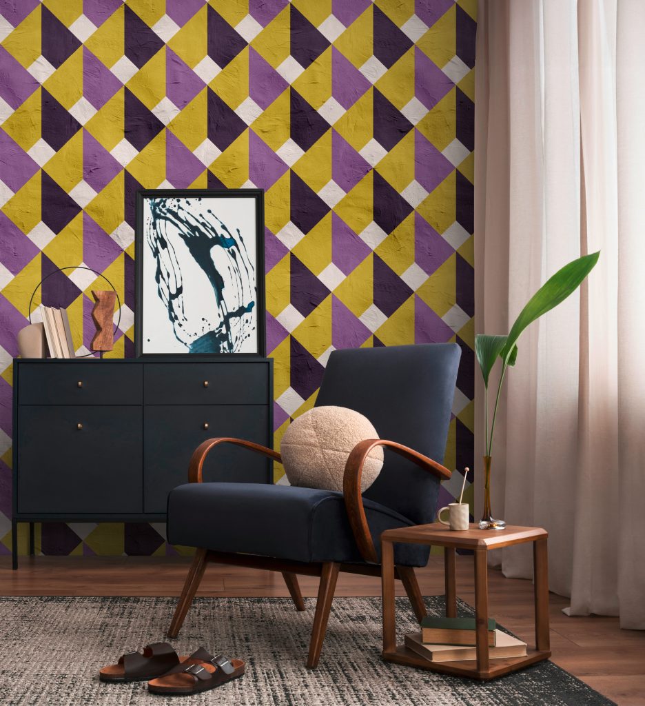 Tapeten Geometrisch Retro Muster Lila Gelb Dreiecke