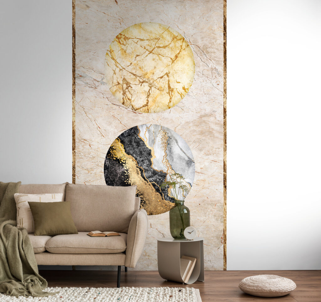 Tapeten Abstrakt Marmor Kreise Gold Schwarz Beige Modern