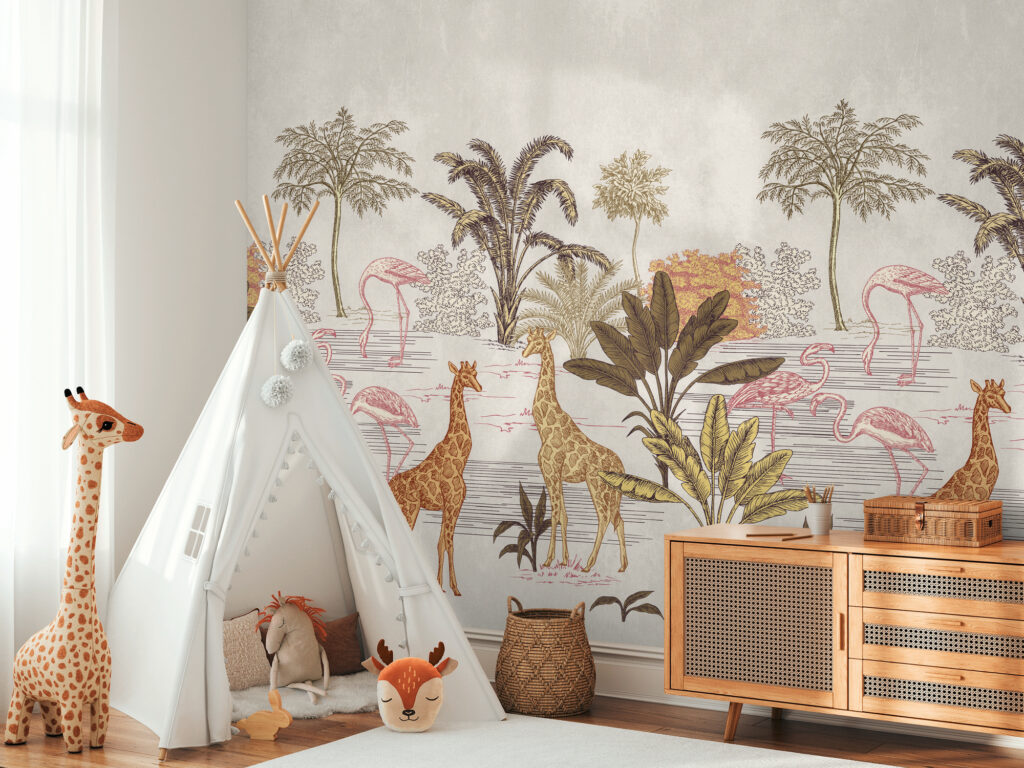 Tapeten Kinderzimmer Safari Giraffen Flamingos Palmen Beige
