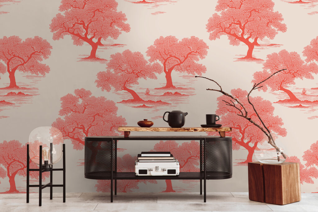 Tapeten Korallrote Bäume Asiatisch Natur Beige Wandbild