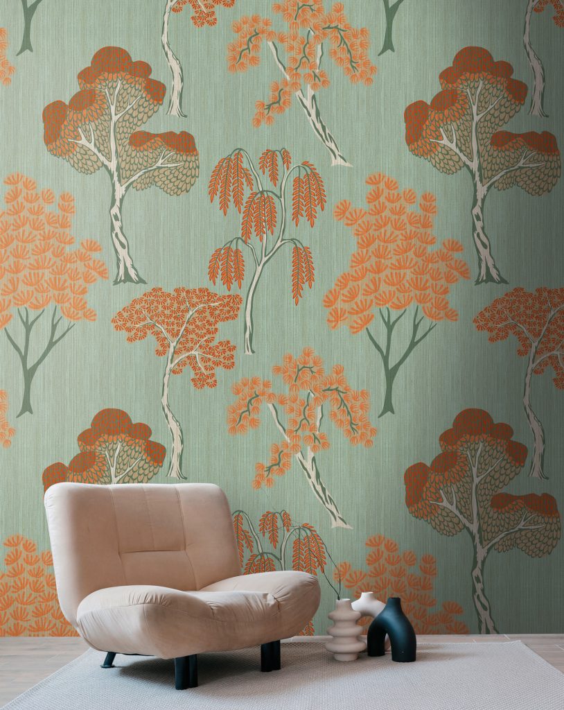 Tapeten Bäume Orange Grün Botanisch Retro Natur Muster